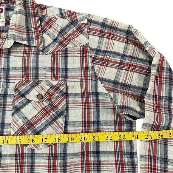 Wrangler Western Shirt Mens Size Large Red Blue Plaid Pearl Snaps Cowboy Rancher - Picture 3 of 5